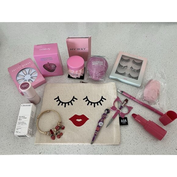 Strawberry Bath Body Bracelet Makeup Lashes Nails Tools Cosmetic Bag Set Bundle - Picture 1 of 11